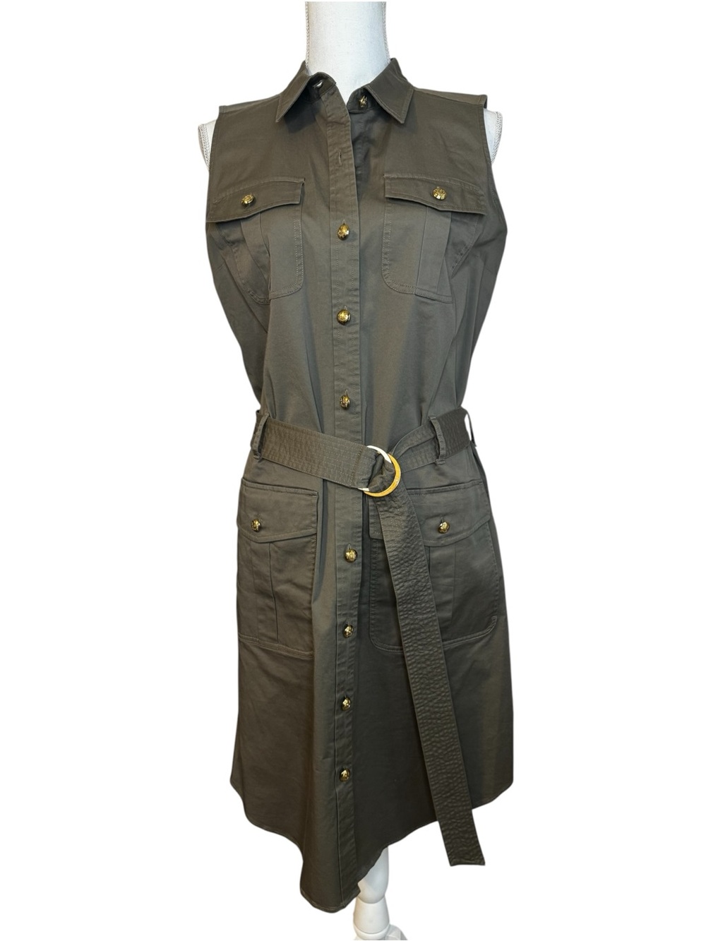 Lauren Ralph Lauren Olive Safari Utility SleevelesShirt Dress Belted Size M